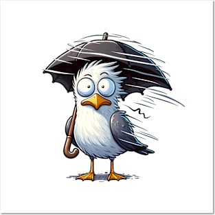 Surprised Seagull in Storm with an Umbrella Posters and Art